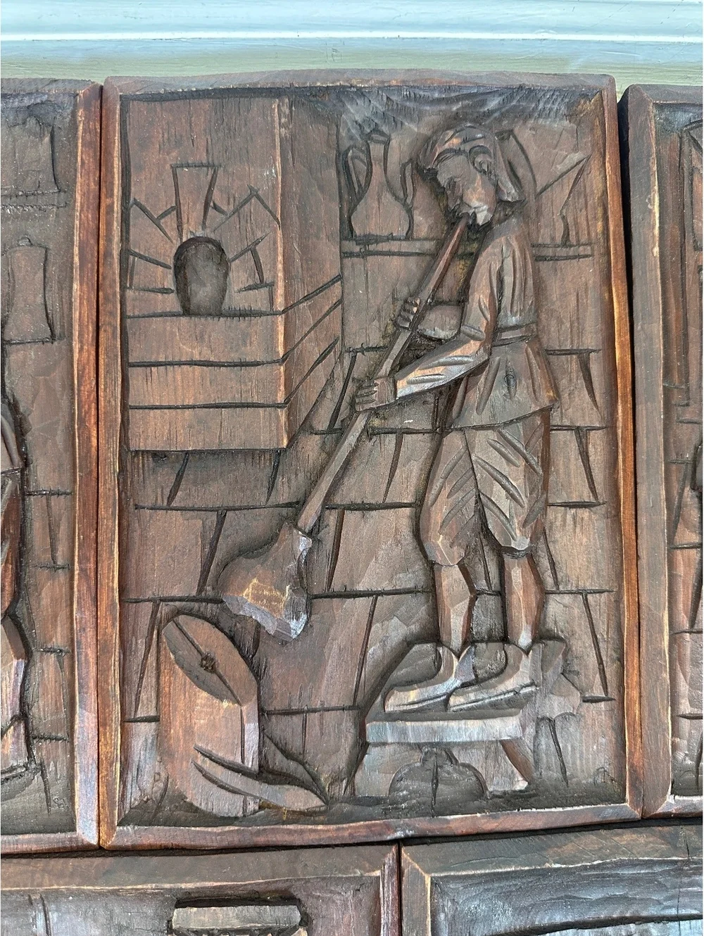 VTG Spanish Hand Carved Wood Medieval Trades Bas Relief Wall Plaques Set of 5